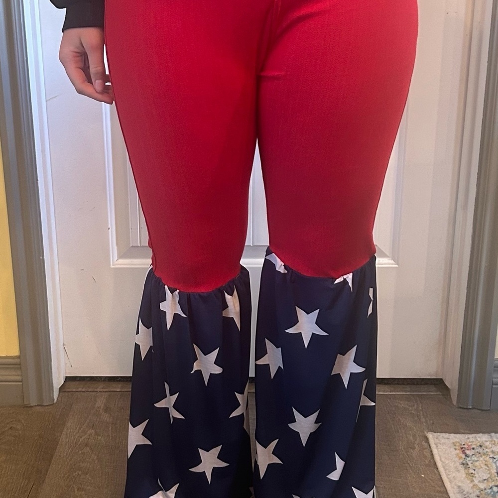 God Bless America! Red and Blue Star Flare Pants.  Home made and upcycled